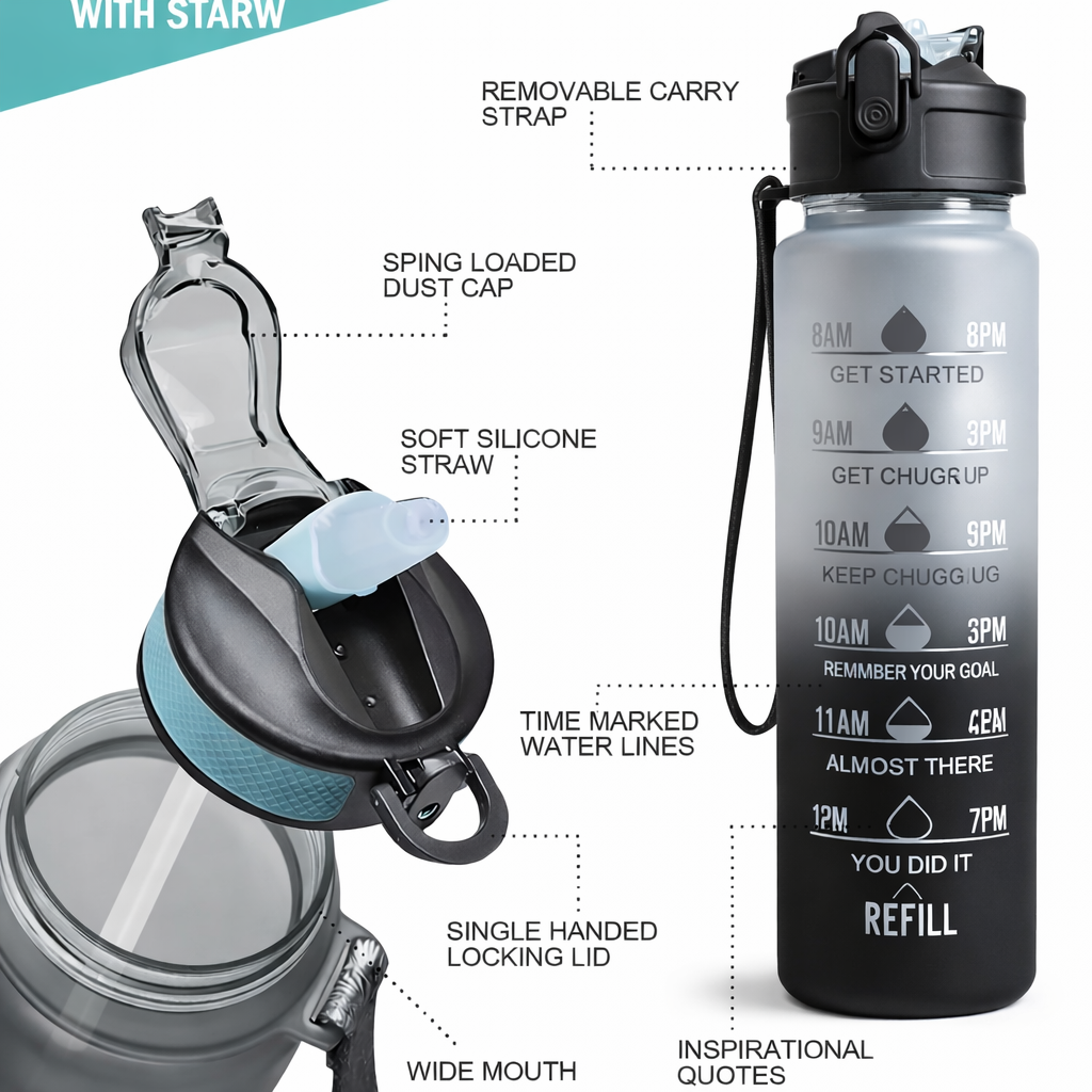 Motivational Time Marker Water Bottle 1L | BPA-Free Leak-Proof Sipper Bottle for Gym, Office, School & Travel