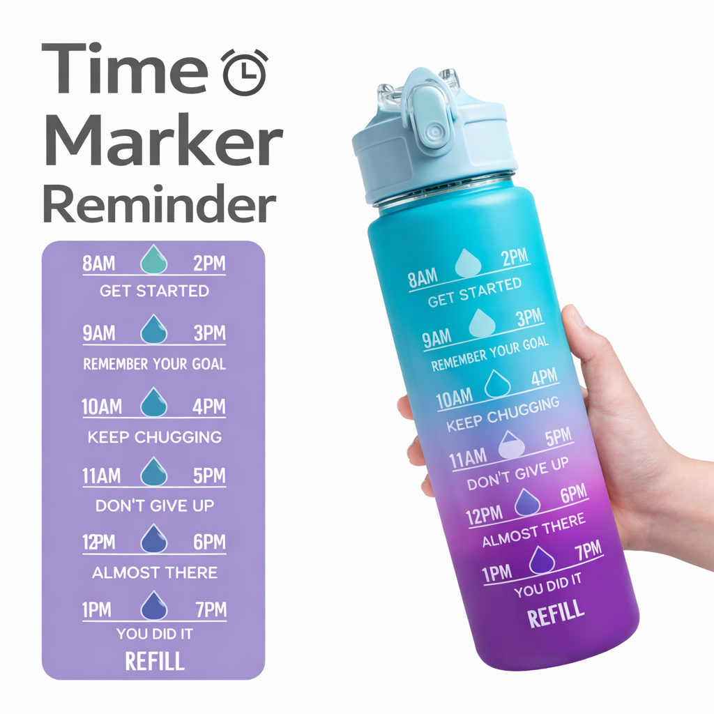 Motivational Time Marker Water Bottle 1L | BPA-Free Leak-Proof Sipper Bottle for Gym, Office, School & Travel