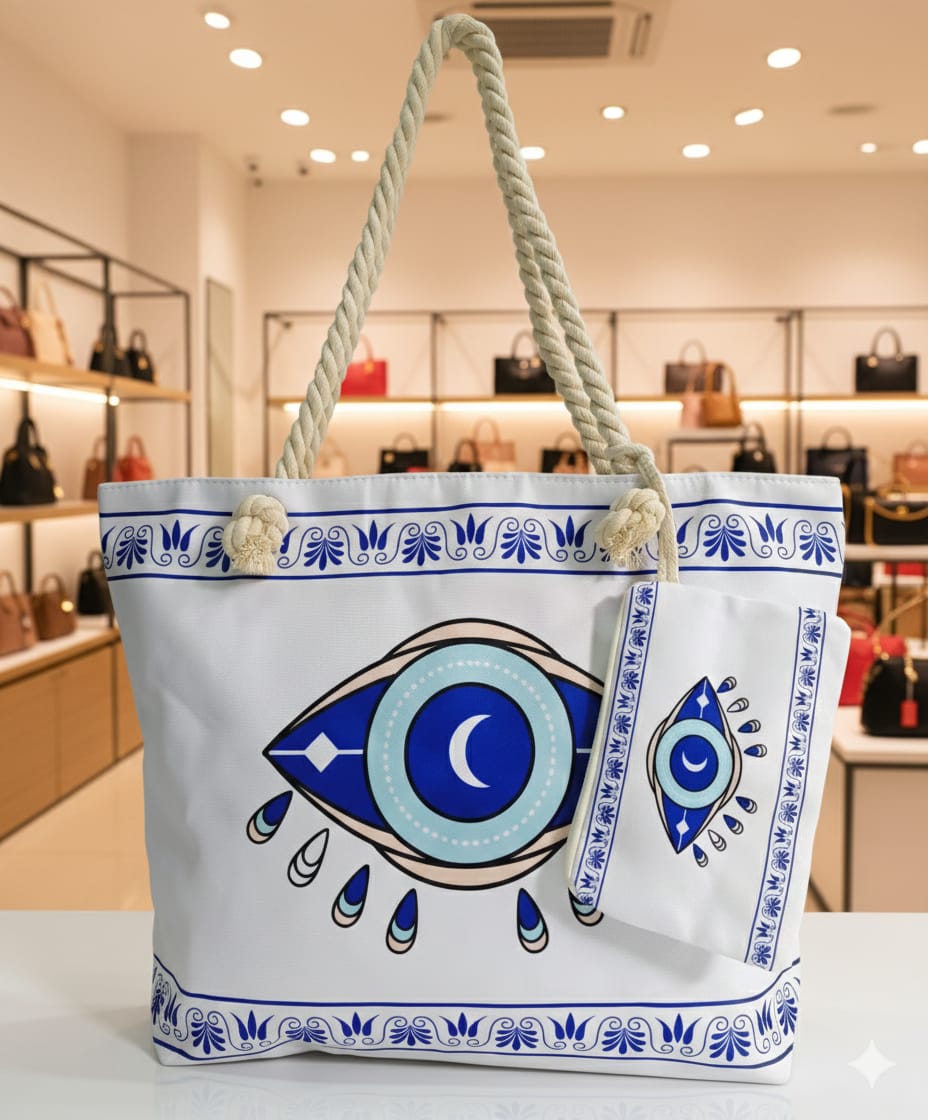 Stylish Evil Eye Printed Tote Bag with Rope Handle | Large Capacity | Daily Use Handbag