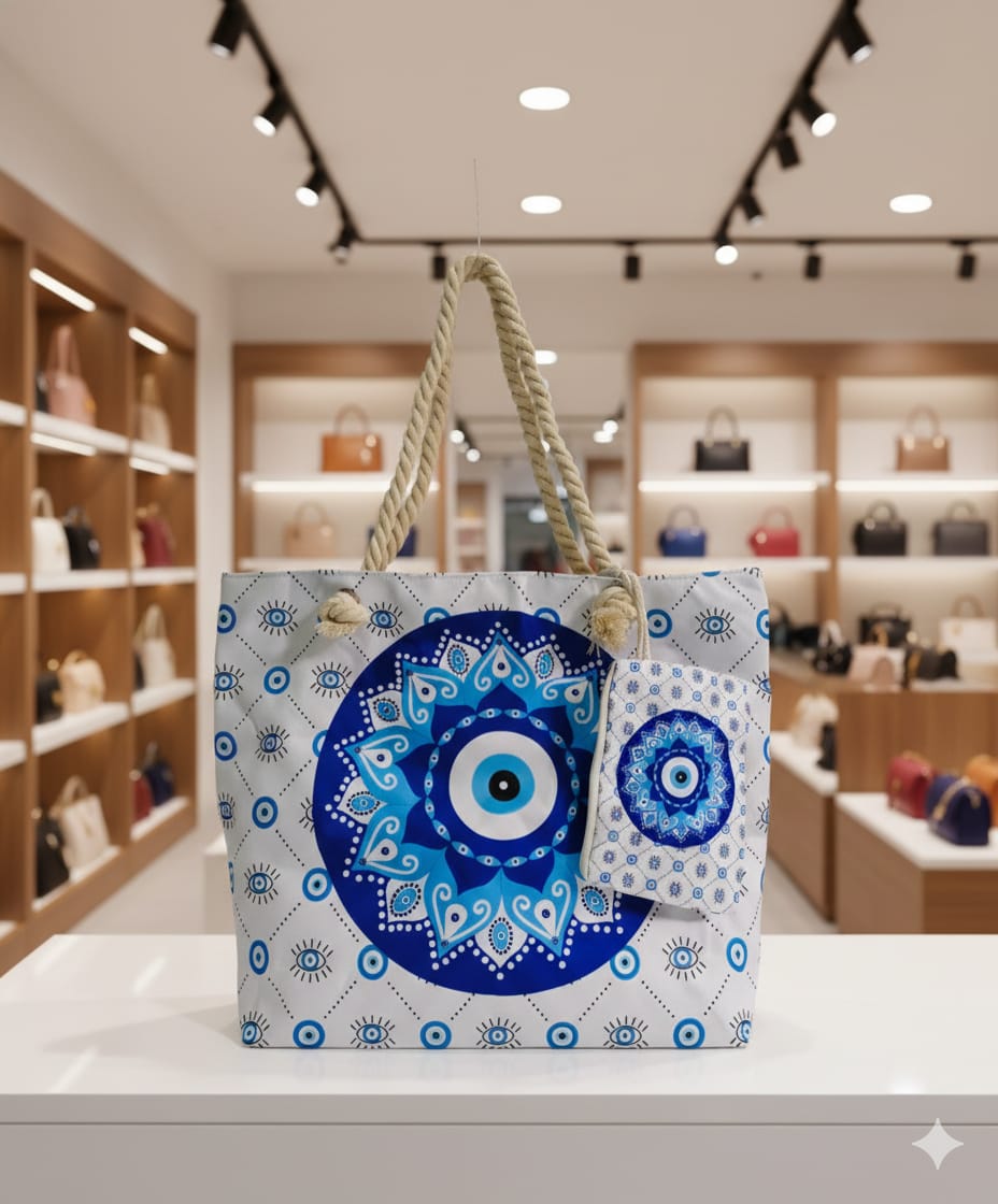 Stylish Evil Eye Printed Tote Bag with Rope Handle | Large Capacity | Daily Use Handbag