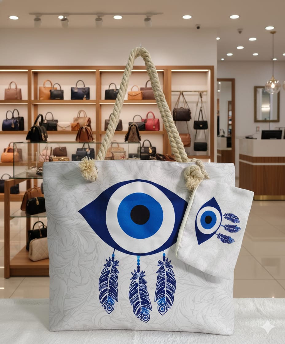 Stylish Evil Eye Printed Tote Bag with Rope Handle | Large Capacity | Daily Use Handbag