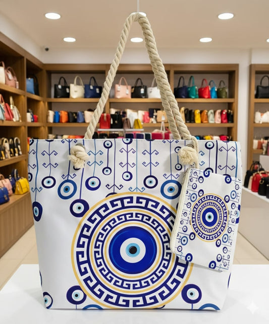 Stylish Evil Eye Printed Tote Bag with Rope Handle | Large Capacity | Daily Use Handbag