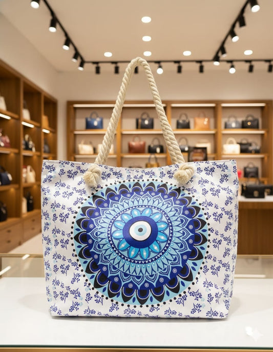 Stylish Evil Eye Printed Tote Bag with Rope Handle | Large Capacity | Daily Use Handbag