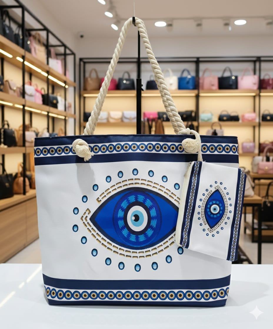 Stylish Evil Eye Printed Tote Bag with Rope Handle | Large Capacity | Daily Use Handbag