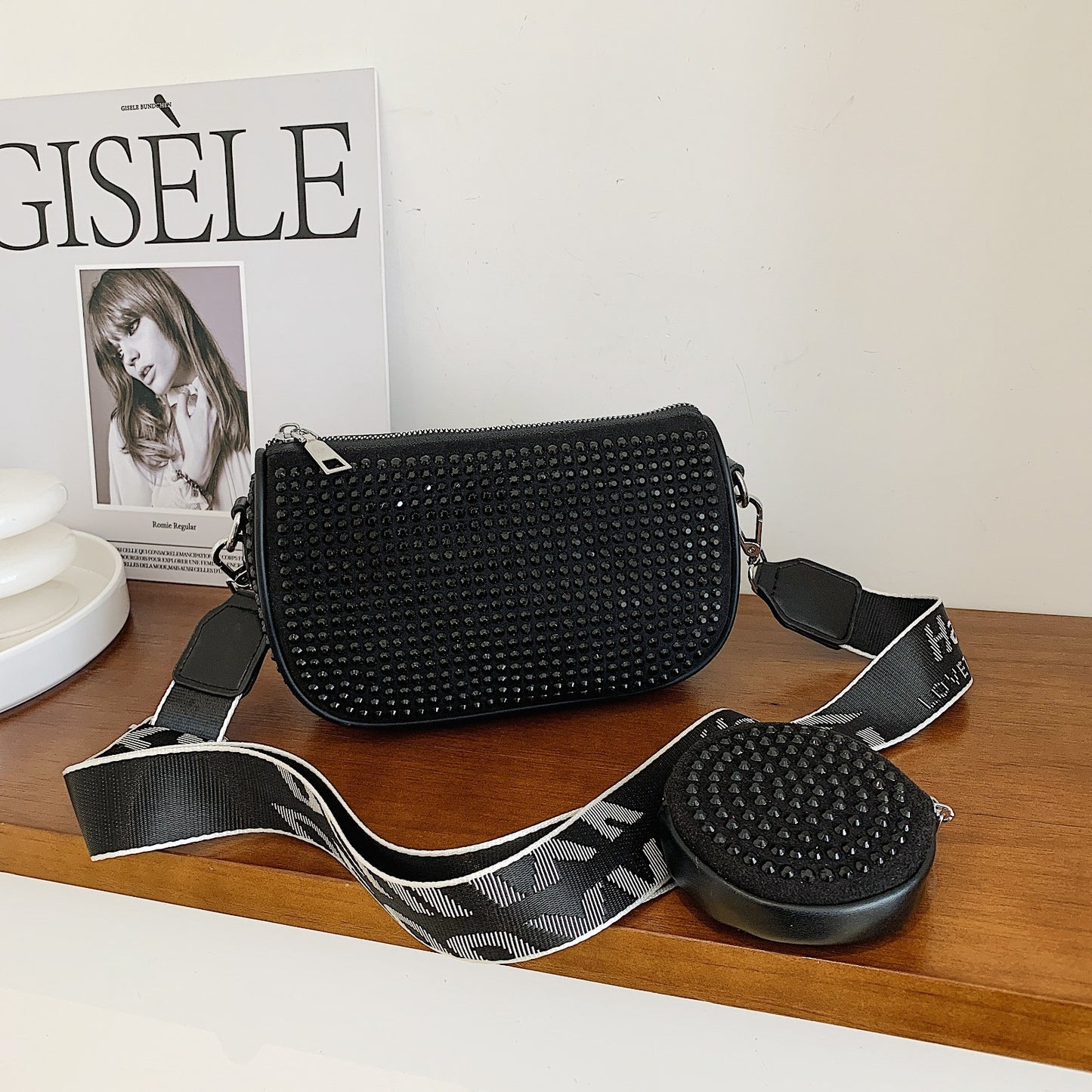 Diamond Studded Sling Bag for Women with Removable Coin Pouch | Stylish Broad Strap Crossbody Bag (8x2.5x5 Inch)